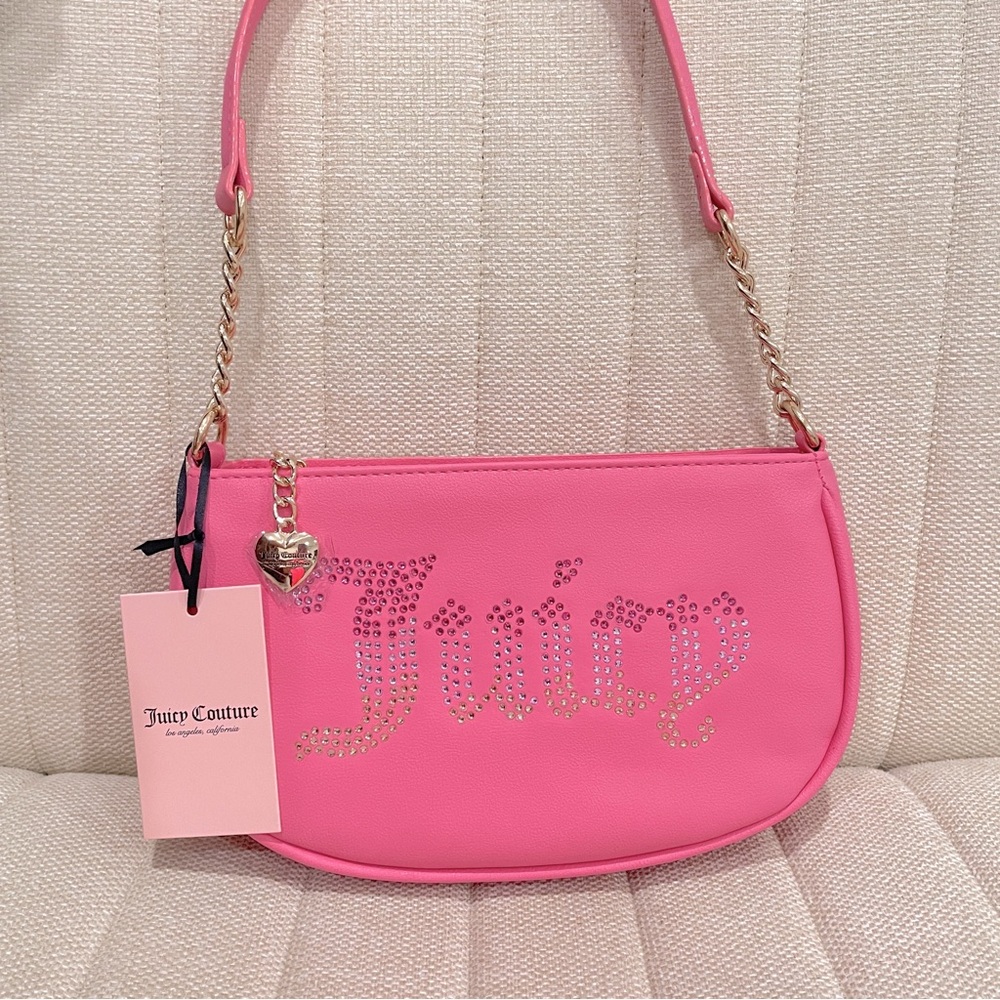 NEW Juicy Couture Hot Pink Rhinestone Logo Baguette Shoulder Bag Heart Charm